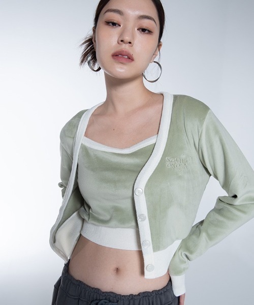 SETUPEXE（セットアップイーエックスイー）の「【SETUP‐EXE/セットアップエグゼ】Velvet crop Cardigan Set/ベルベット ベロアカーディガン　クロップドカーディガン カーディガンセット（カーディガン/ボレロ・レディース・ミント/ベビーピンク・ONE SIZE）」の2枚目の写真