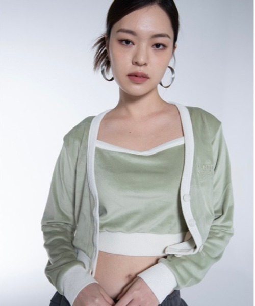 SETUPEXE（セットアップイーエックスイー）の「【SETUP‐EXE/セットアップエグゼ】Velvet crop Cardigan Set/ベルベット ベロアカーディガン　クロップドカーディガン カーディガンセット（カーディガン/ボレロ・レディース・ミント/ベビーピンク・ONE SIZE）」の4枚目の写真