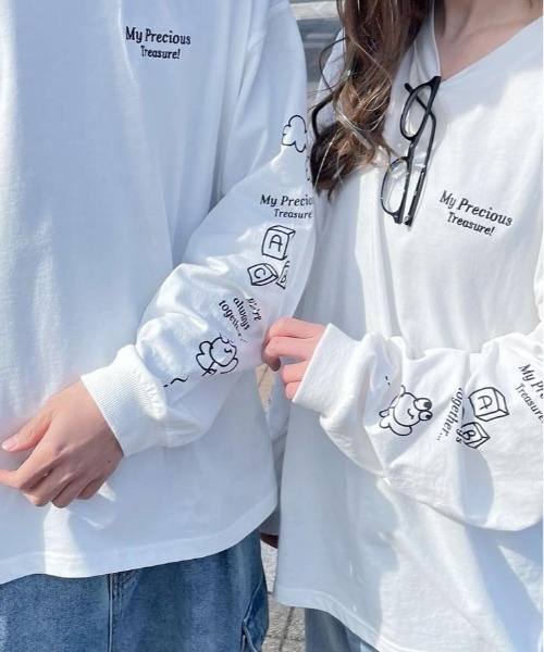 PairPair（ペアペア）の「袖プリントロンT(ユニセックス)（Tシャツ/カットソー・レディース・ブラック/オフホワイト・FREE）」の2枚目の写真