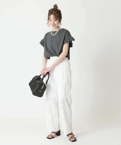 B.C STOCK（ベーセーストック）の「チェッカーパターンレースパンツ（スラックス・レディース・ホワイト/ブラック/イエロー・FREE）」の5枚目の写真