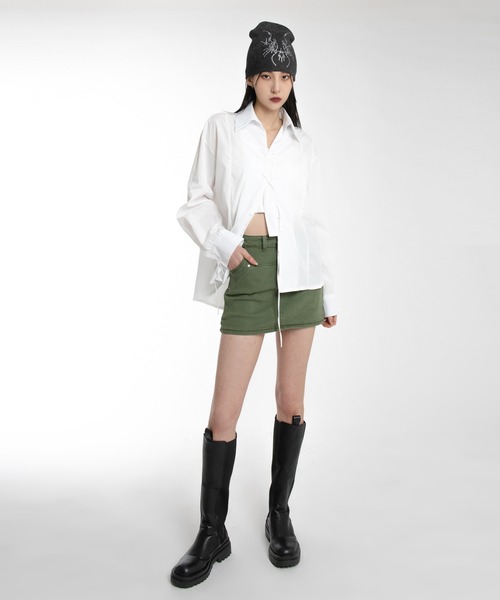 FOLLOWIN（フォロウィン）の「ユニークポケットキャロットミニスカート（デニムスカート・レディース・ライトブルー/ブラック/カーキ/ブルー・S/M）」の12枚目の写真