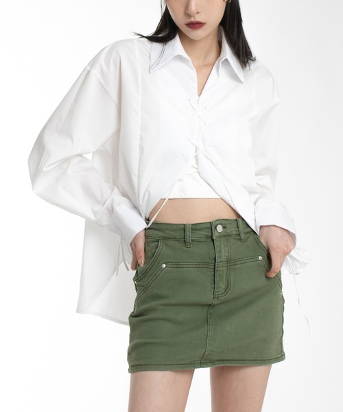 FOLLOWIN（フォロウィン）の「ユニークポケットキャロットミニスカート（デニムスカート・レディース・ライトブルー/ブラック/カーキ/ブルー・S/M）」の20枚目の写真