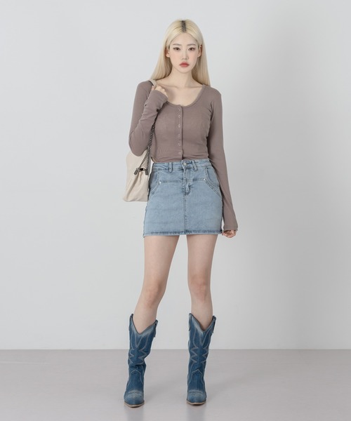 FOLLOWIN（フォロウィン）の「ユニークポケットキャロットミニスカート（デニムスカート・レディース・ライトブルー/ブラック/カーキ/ブルー・S/M）」の22枚目の写真