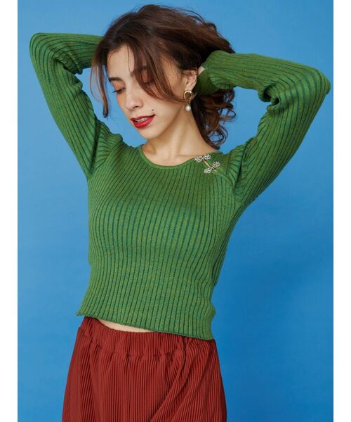 EVRIS（エヴリス）の「フロックボタンタイトニットトップス（ニット/セーター・レディース・ホワイト/ブラック/グリーン・FREE）」の6枚目の写真