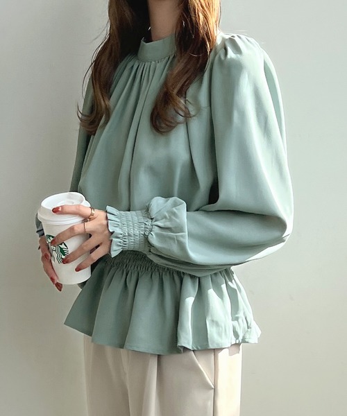 Futier land(フューティアランド)の「【EASY CARE】ハイネックバルーンウエスト切替ブラウス(シャツ/ブラウス・レディース・ワインレッド/モカ/グレイッシュベージュ/ミント・FREE)」の3枚目の写真