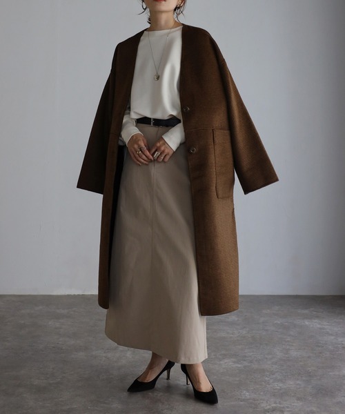 Bonjour Sagan（ボンジュールサガン）の「リサイクルウールダブルフェイスリバーシブルコート（ノーカラーコート・レディース・ダークグレー/ピンク/ブラウン・FREE）」の14枚目の写真