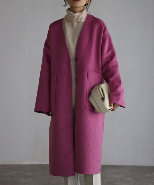 Bonjour Sagan（ボンジュールサガン）の「リサイクルウールダブルフェイスリバーシブルコート（ノーカラーコート・レディース・ダークグレー/ピンク/ブラウン・FREE）」の15枚目の写真