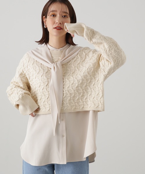 N.(N. Natural Beauty Basic)(エヌエヌナチュラルビューティーベーシック)の「【横田ひかるさん着用】◆ショートレングスパターンニット(ニット/セーター・レディース・オフホワイト/グリーン/ネイビー・MEDIUM)」の1枚目の写真