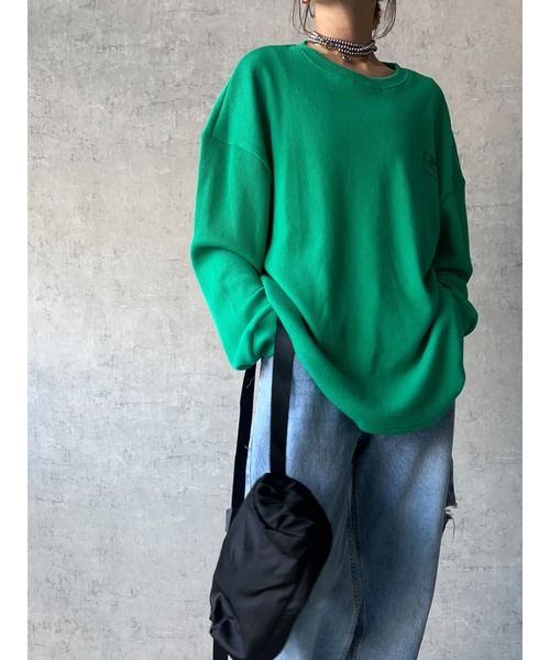 owndaily（オンデイリー）の「ワッフルルーズラウンドネックT（Tシャツ/カットソー・レディース・カーキ/グリーン・FREE）」の2枚目の写真