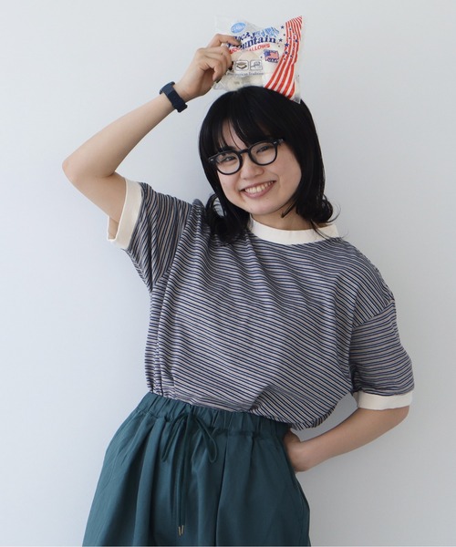 PAR ICI（パーリッシィ）の「タック柄マルチボーダー BIG Tシャツ（Tシャツ/カットソー・レディース・ブラウン/ネイビー・FREE）」の2枚目の写真