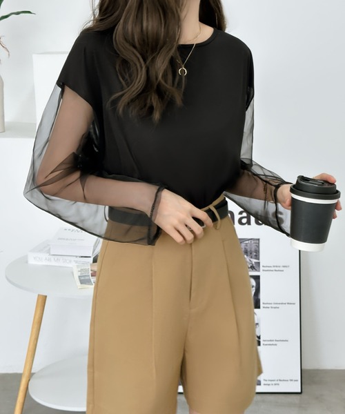 emi+(エミプラス)の「袖シアードッキングカットソー(Tシャツ/カットソー・レディース・ホワイト/ブラック・FREE)」の2枚目の写真
