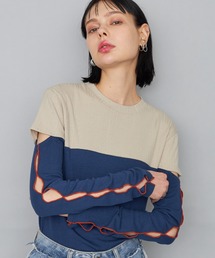 バイカラースリーブホールトップス