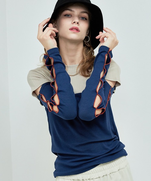 casane（カサネ）の「バイカラースリーブホールトップス（Tシャツ/カットソー・レディース・ベージュ/ホワイト/ブラウン・FREE）」の7枚目の写真