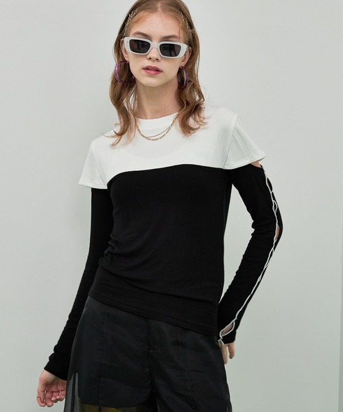 casane（カサネ）の「バイカラースリーブホールトップス（Tシャツ/カットソー・レディース・ベージュ/ホワイト/ブラウン・FREE）」の9枚目の写真