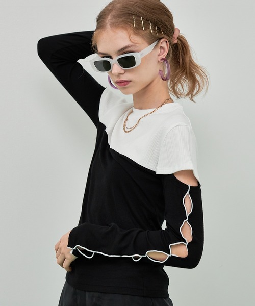 casane（カサネ）の「バイカラースリーブホールトップス（Tシャツ/カットソー・レディース・ベージュ/ホワイト/ブラウン・FREE）」の20枚目の写真