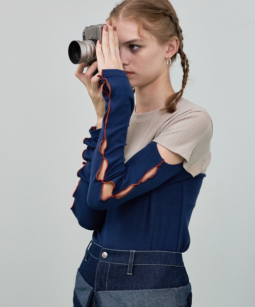 casane（カサネ）の「バイカラースリーブホールトップス（Tシャツ/カットソー・レディース・ベージュ/ホワイト/ブラウン・FREE）」の11枚目の写真