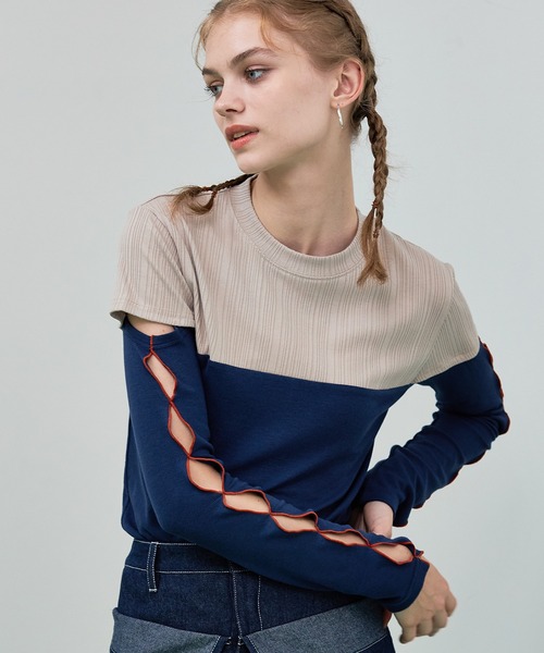 casane（カサネ）の「バイカラースリーブホールトップス（Tシャツ/カットソー・レディース・ベージュ/ホワイト/ブラウン・FREE）」の15枚目の写真