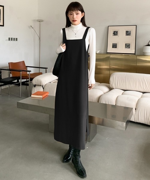 H.TOKYO（エイチトウキョウ）の「マキシ丈ジャンパースカート（ジャンパースカート・レディース・モカ/ブラック・LARGE/MEDIUM）」の5枚目の写真