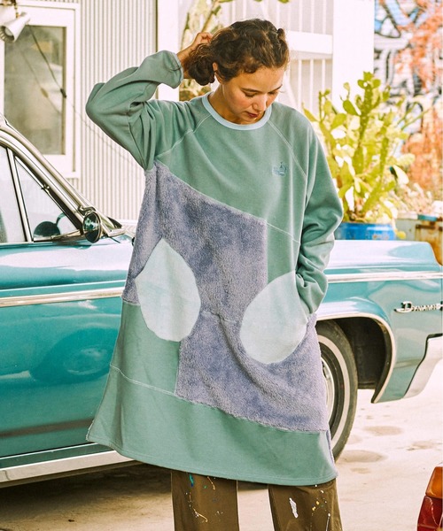 go slow caravan（ゴースローキャラバン）の「シャギー ボアランダム切替ワンピース W（ワンピース・レディース・オリーブ/ライトブルー・FREE）」の6枚目の写真