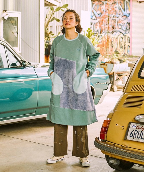 go slow caravan（ゴースローキャラバン）の「シャギー ボアランダム切替ワンピース W（ワンピース・レディース・オリーブ/ライトブルー・FREE）」の4枚目の写真