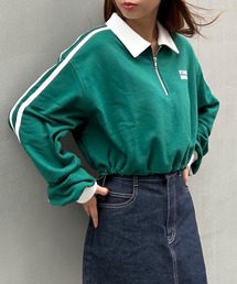 ハーフZIP裾ドロスト配色袖ラインショートトップス