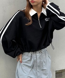 ハーフZIP裾ドロスト配色袖ラインショートトップス