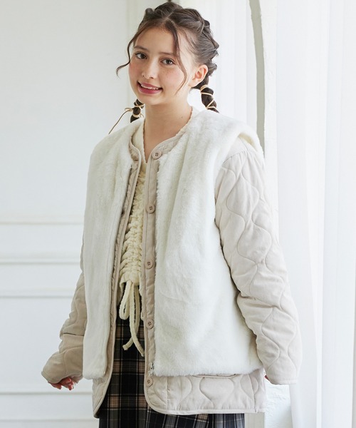Amourire girl(アムリールガール)の「ボアベスト&キルティングジャケット/コートセット(130㎝~160㎝)(ノーカラーコート・キッズ・オフホワイト/ブラック・130cm/140cm/150cm/160cm)」の16枚目の写真