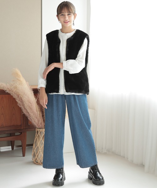 Amourire girl(アムリールガール)の「ボアベスト&キルティングジャケット/コートセット(130㎝~160㎝)(ノーカラーコート・キッズ・オフホワイト/ブラック・130cm/140cm/150cm/160cm)」の20枚目の写真