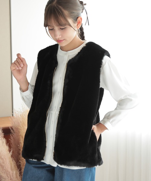 Amourire girl(アムリールガール)の「ボアベスト&キルティングジャケット/コートセット(130㎝~160㎝)(ノーカラーコート・キッズ・オフホワイト/ブラック・130cm/140cm/150cm/160cm)」の11枚目の写真