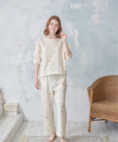 PAUL&JOE(ポールアンドジョー)の「【PAUL&JOE】ニャンニャンプリント ロングパンツ(ルームウェア/パジャマ・レディース・グリーン/アイボリー・M/L)」の9枚目の写真