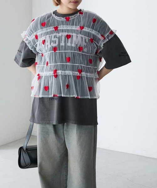 forksy.】チュールシャーリングブラウス/ハート・無地 forksy.│MONO  