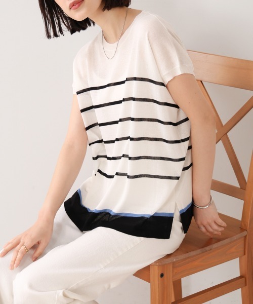 Bou Jeloud(ブージュルード)の「サラサラUV接触冷感ボーダープルオーバー(Tシャツ/カットソー・レディース・オフホワイト/ライトグレー/ネイビー・FREE)」の4枚目の写真