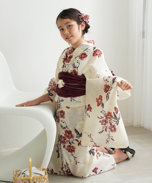ジュニア浴衣3点セット ひよこ商店 バニラクリームに色づく花