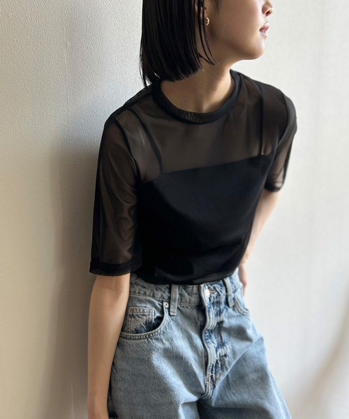 Tシャツ カットソー 5分袖 トップス レディース シアー レイヤード  【lstpss25-1354】【即納：1-5営業日】【送料無料】メ込2 Tシャツ カットソー 5分袖 トップス レディース シアー