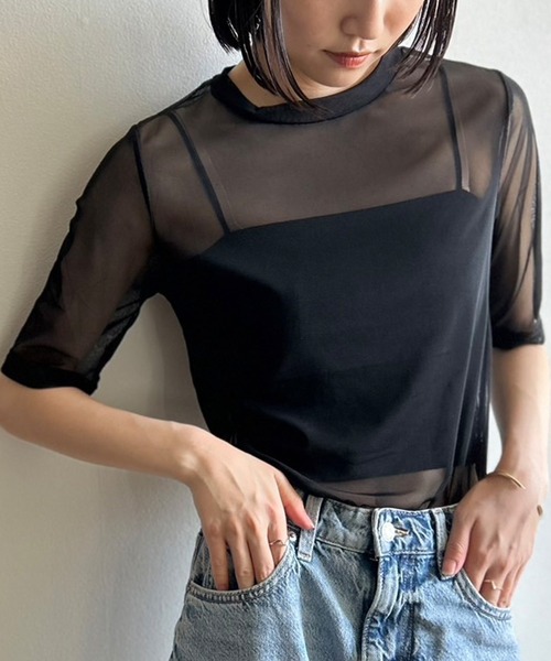 d.i.a シースルートップス セール】シアートップス シースルーカットソー 五分袖（Tシャツ