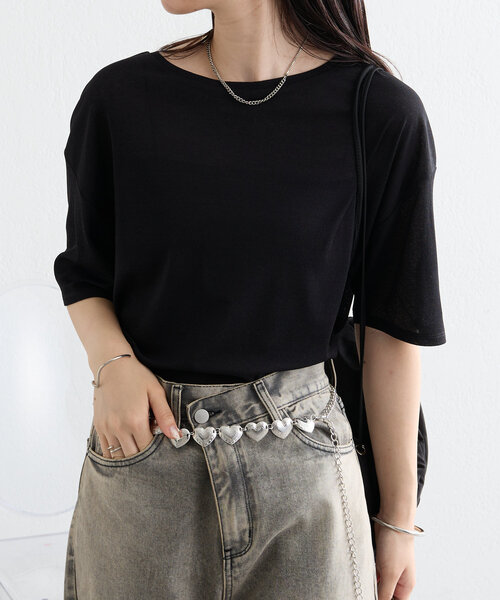 mystic（ミスティック）の「【5色展開】半袖シアーＴシャツ（Tシャツ/カットソー・レディース・ブラック/グレー/レッド/オフホワイト/ピンク・FREE）」の11枚目の写真