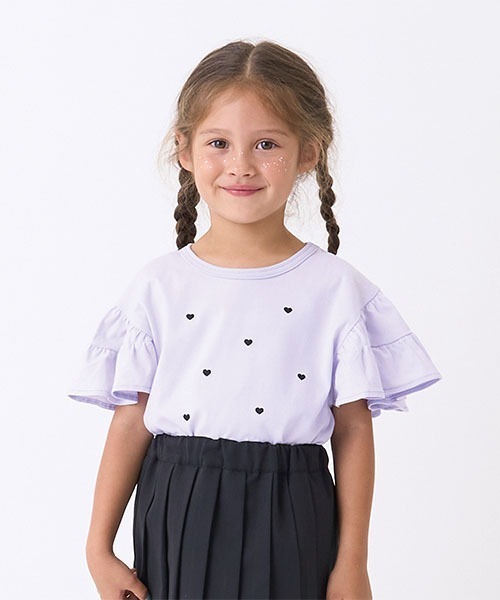 Lycee mine（リセマイン）の「【接触冷感】ハート刺しゅうフリルスリーブTシャツ（Tシャツ/カットソー・キッズ・ラベンダー/ブラック/オフホワイト/レモンイエロー・100cm/110cm/120cm/130cm/140cm/150cm）」の3枚目の写真
