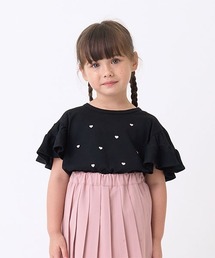 【接触冷感】ハート刺しゅうフリルスリーブTシャツ