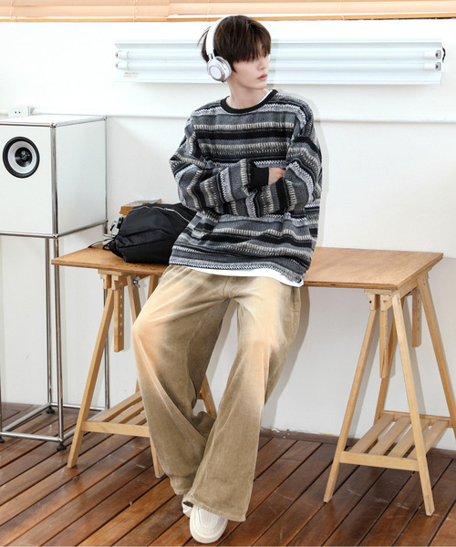 neos(ネオス)の「【neos】ルーズシルエット レトロ ボーダー ニット 起毛 プルオーバー トレーナー(ニット/セーター・メンズ・ブラック/ブラウン・MEDIUM/LARGE/X-LARGE)」の4枚目の写真