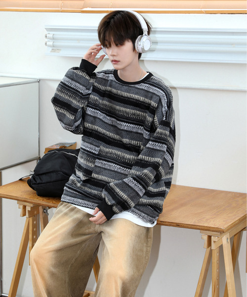 セール】【neos】ルーズシルエット レトロ ボーダー ニット 起毛 プル