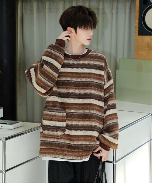 セール】【neos】ルーズシルエット レトロ ボーダー ニット 起毛 プル