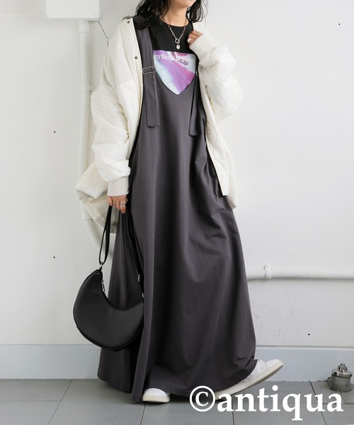 antiqua（アンティカ）の「裏毛サロペットワンピース（ワンピース・レディース・チャコールグレー/ブラック・ONESIZE）」の4枚目の写真