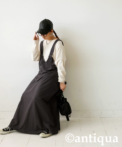antiqua（アンティカ）の「裏毛サロペットワンピース（ワンピース・レディース・チャコールグレー/ブラック・ONESIZE）」の5枚目の写真