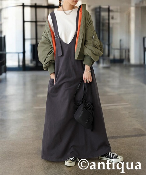 antiqua（アンティカ）の「裏毛サロペットワンピース（ワンピース・レディース・チャコールグレー/ブラック・ONESIZE）」の6枚目の写真