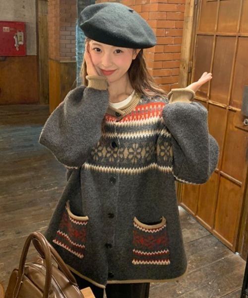 セール】ノルディック柄 ロングニットカーディガン（カーディガン