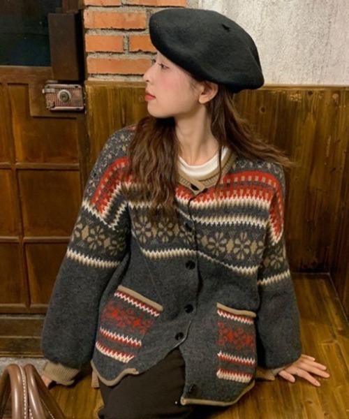 セール】ノルディック柄 ロングニットカーディガン（カーディガン