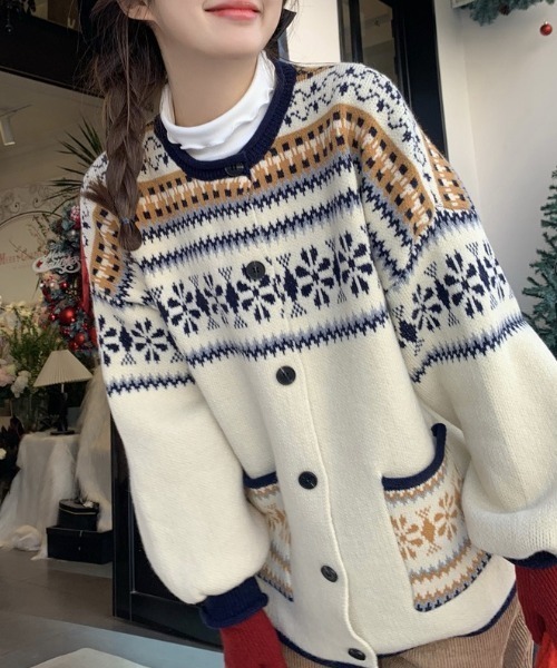 セール】ノルディック柄 ロングニットカーディガン（カーディガン