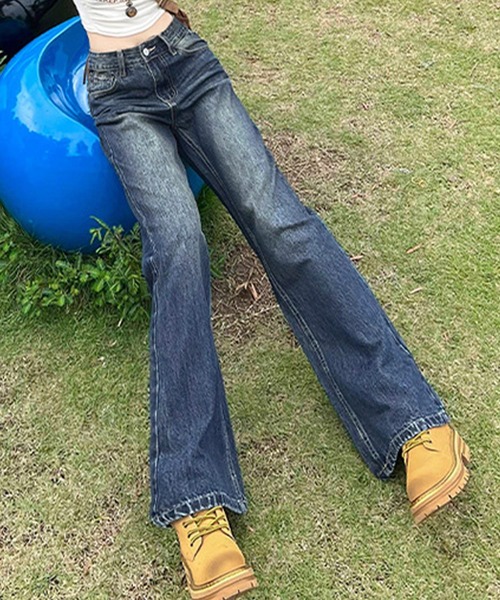 レディース 美脚ねらえるブーツカットフレアデニムパンツ（デニム
