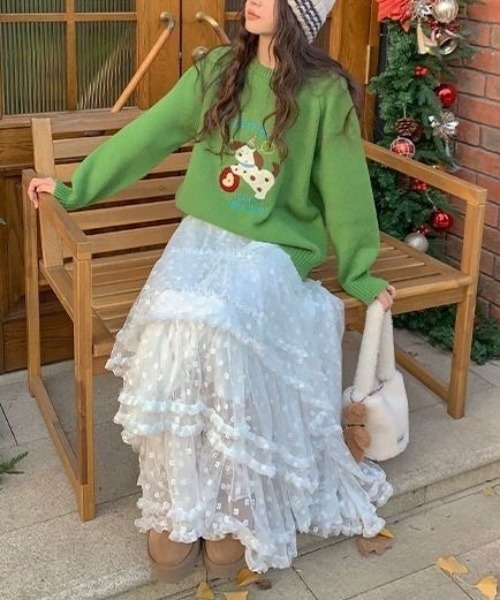 gossip!ロサンゼルス(ゴシップロサンゼルス)の「【低身長F/高身長Lサイズあり】 ティアードレースフリル ボリューム ロングスカート 【韓国ファッションフェミニン定番】(スカート・レディース・ホワイト/ブラック/ベージュ・FREE/L)」の14枚目の写真