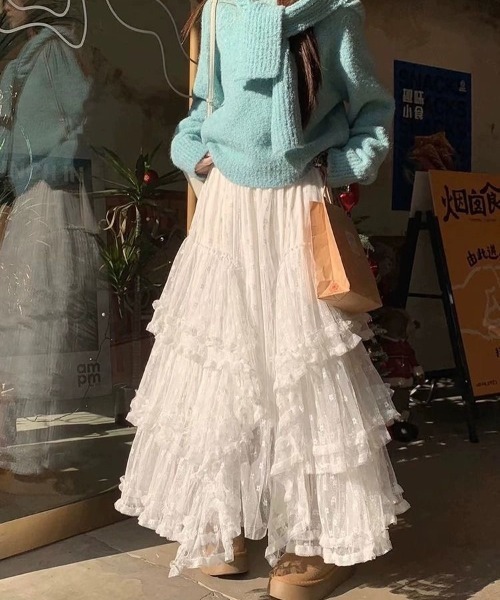 gossip!ロサンゼルス(ゴシップロサンゼルス)の「【低身長F/高身長Lサイズあり】 ティアードレースフリル ボリューム ロングスカート 【韓国ファッションフェミニン定番】(スカート・レディース・ホワイト/ブラック/ベージュ・FREE/L)」の19枚目の写真
